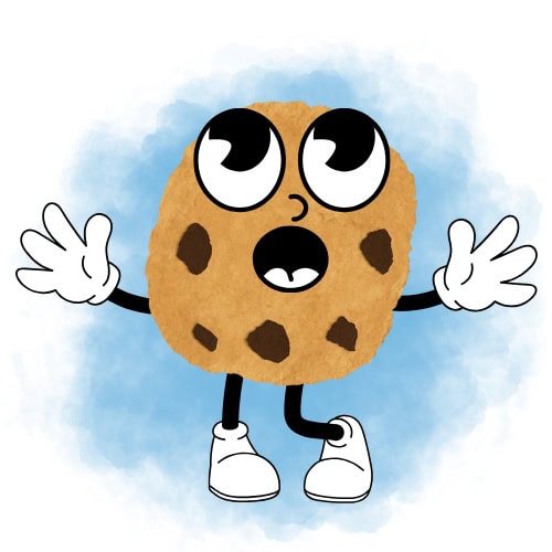 A cartoon chocolate chip cookie with big eyes, open mouth, white gloves, and shoes stands with arms raised against a blue background.