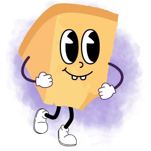 Cartoon drawing of a smiling parmesan cheese wedge with big eyes, white gloves, and sneakers, walking happily against a light purple watercolor background.