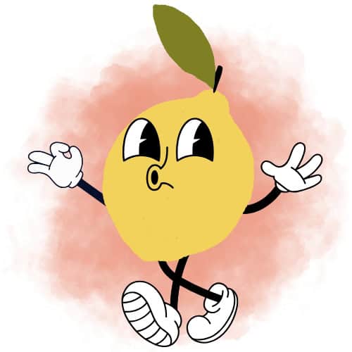 A cartoon lemon with a leaf on top, expressive eyes, and a puckered mouth walks with gloved hands raised and legs in sneakers against a soft pink background.
