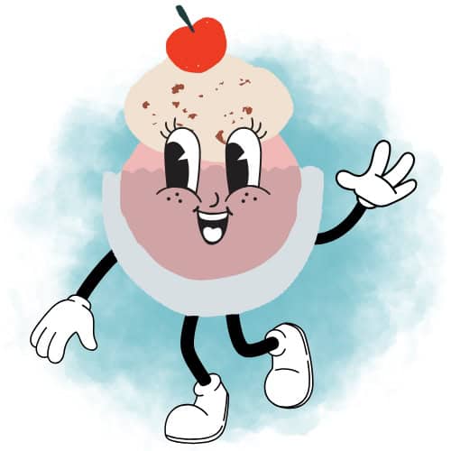 Cartoon illustration of a smiling ice cream sundae with arms, legs, gloves, and shoes. The sundae has a cherry on top and is waving, set against a blue watercolor background.