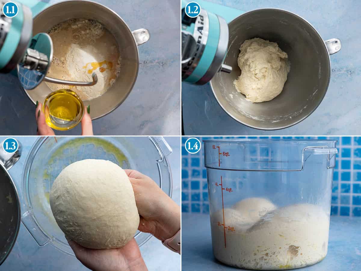 Four-step collage showing dough making: (1) pouring oil into a stand mixer bowl with flour and yeast, (2) kneaded dough in the mixer bowl, (3) holding a smooth dough ball, (4) two dough balls rising in a clear container.