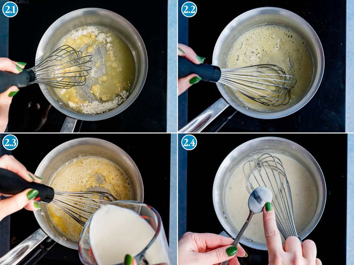 A step-by-step collage shows: whisking flour and butter in a pan, mixing until smooth, pouring milk into the mixture, and testing the creamy sauce’s thickness on a spoon.
