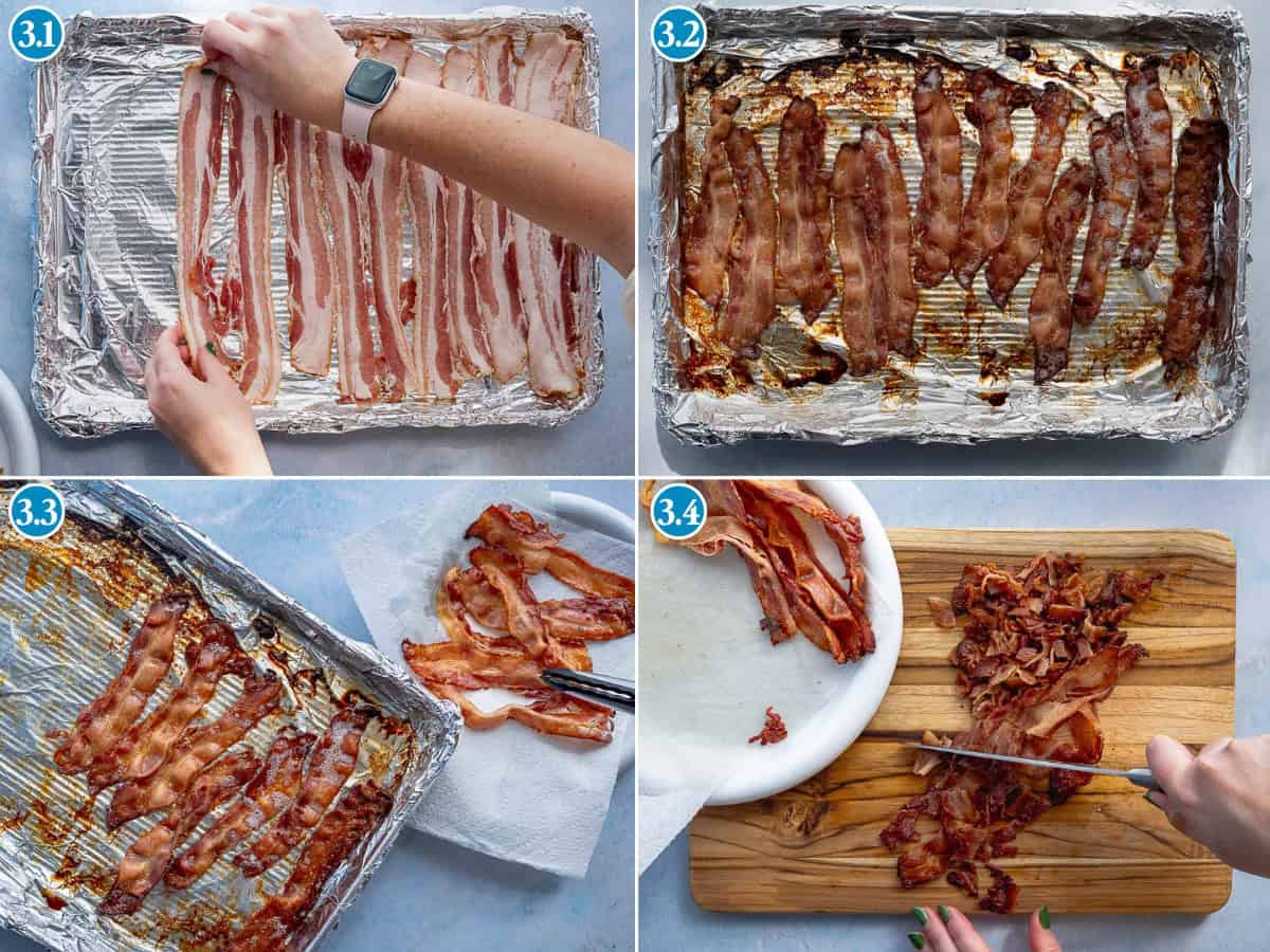 Four images show steps for baking bacon: 1) Raw bacon is placed on a foil-lined tray. 2) Bacon is baked and crispy. 3) Cooked bacon is drained on paper towels. 4) Bacon is chopped on a wooden board.