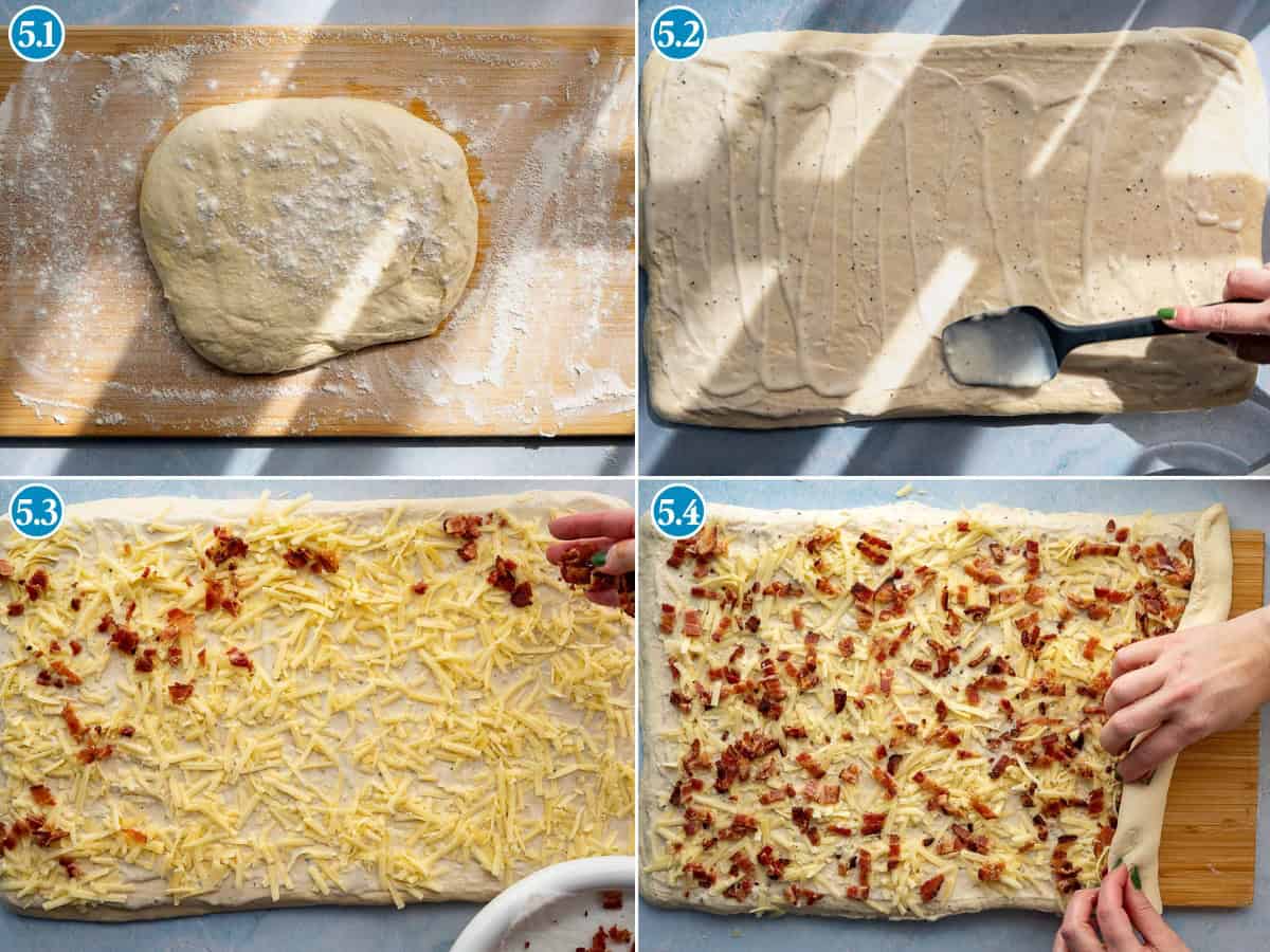 Four-panel collage showing: 1) Dough on a floured board, 2) Dough spread with a creamy mixture, 3) Creating bacon and cheese rolls by topping the dough with grated cheese and bacon, 4) Hands rolling up the layered dough tightly.