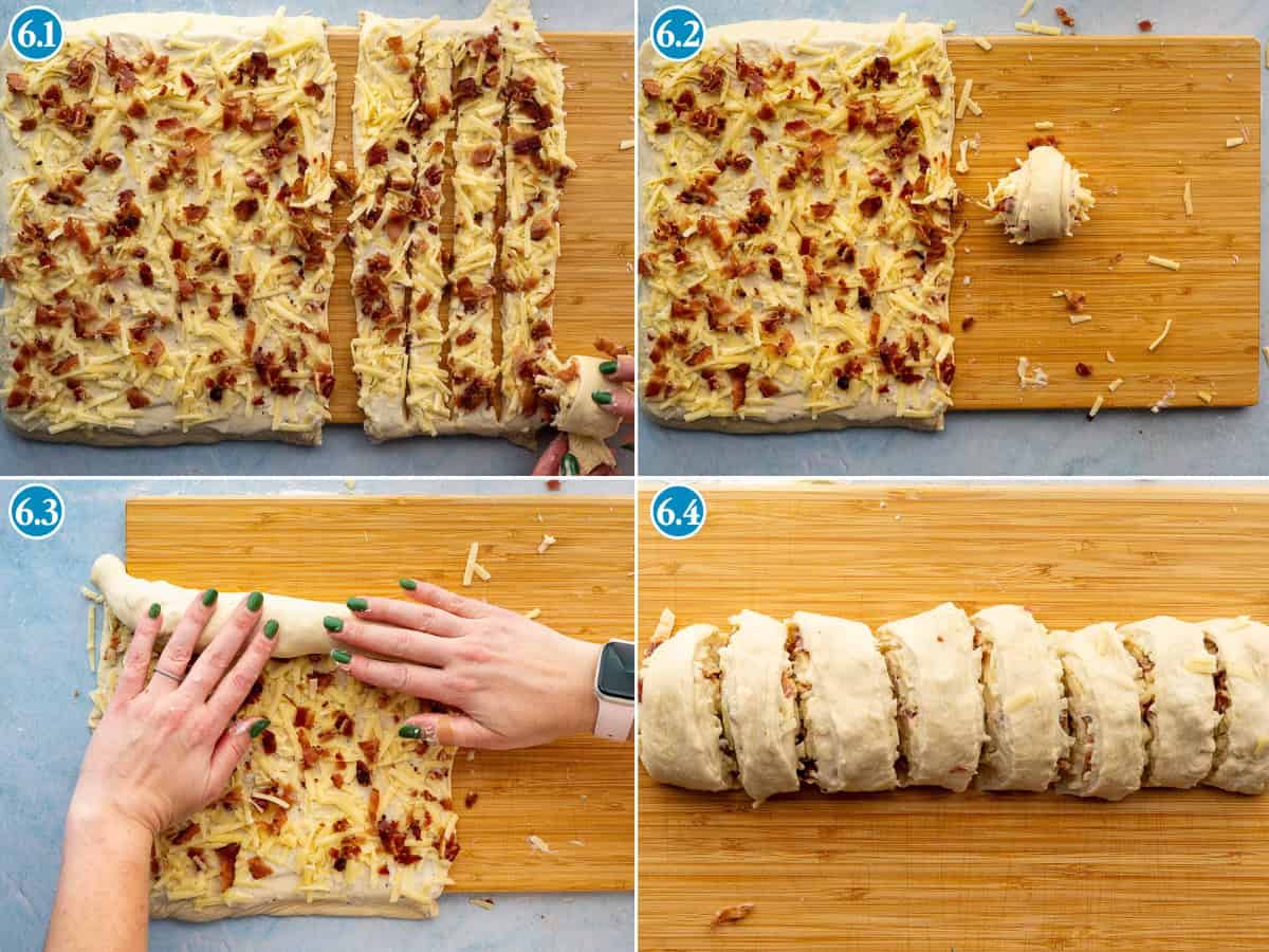Four-step collage showing bacon and cheese rolls being made: dough is topped with cheese and bacon, rolled up, then sliced into pieces on a wooden board, with hands guiding the rolling process in one image.