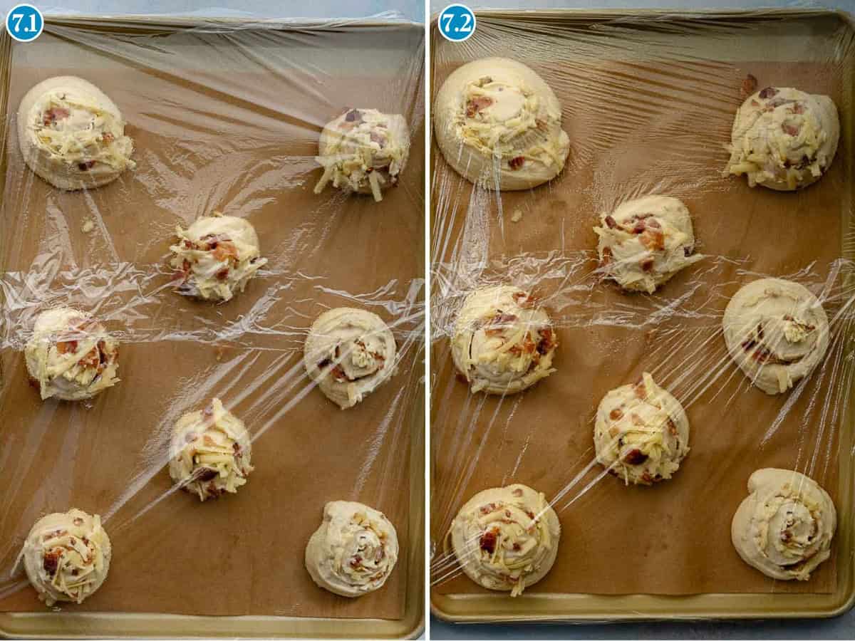 Two side-by-side images show bacon and cheese rolls on a baking sheet—on the left, raw dough balls topped with cheese and bacon under plastic wrap; on the right, the bacon and cheese rolls have risen and expanded in size.