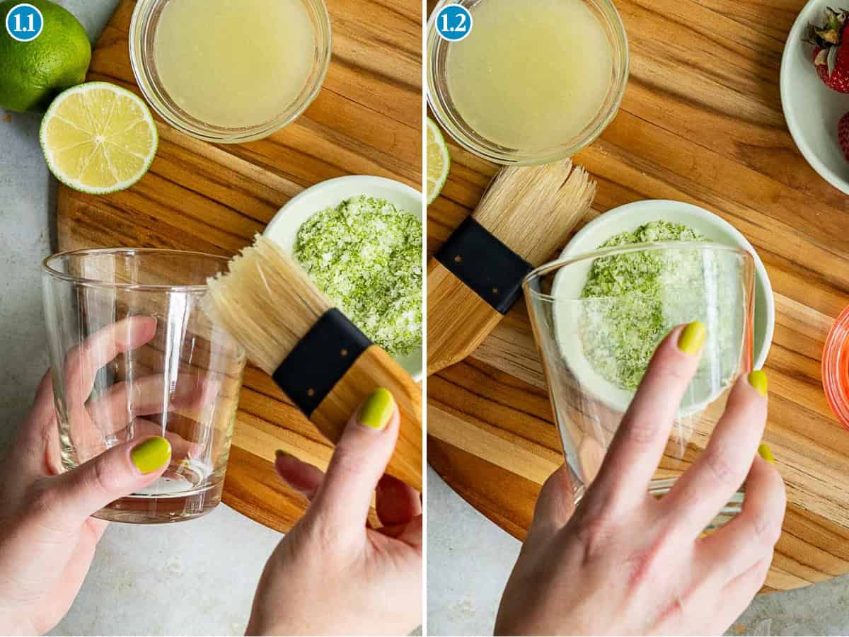 Two side-by-side images show hands preparing a glass for a strawberry margarita on the rocks. One hand brushes the glass rim with liquid, while the other dips it into green salt. A halved lime and bowls rest on a wooden board.