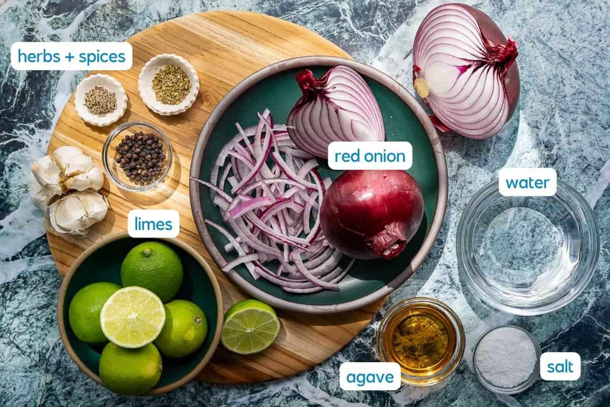 A top view of ingredients on a marble counter for pickled red onions: sliced and halved red onion, whole and halved limes, garlic, spices, black pepper, agave, water, and salt, all labeled with blue text.
