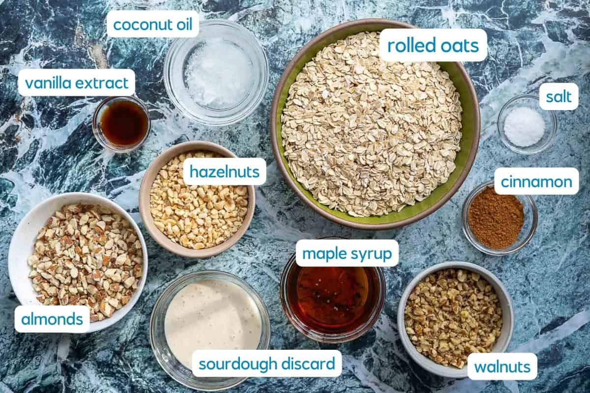 A top-down view of various labeled ingredients on a marbled surface: rolled oats, hazelnuts, almonds, walnuts, vanilla extract, coconut oil, maple syrup, sourdough discard, salt, and cinnamon.