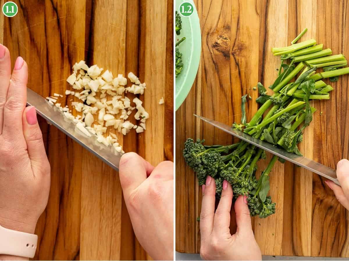 Side-by-side images show hands chopping garlic on a wooden cutting board, while on the right, broccolini stems are being trimmed—both key steps in preparing a delicious broccolini pasta dish.