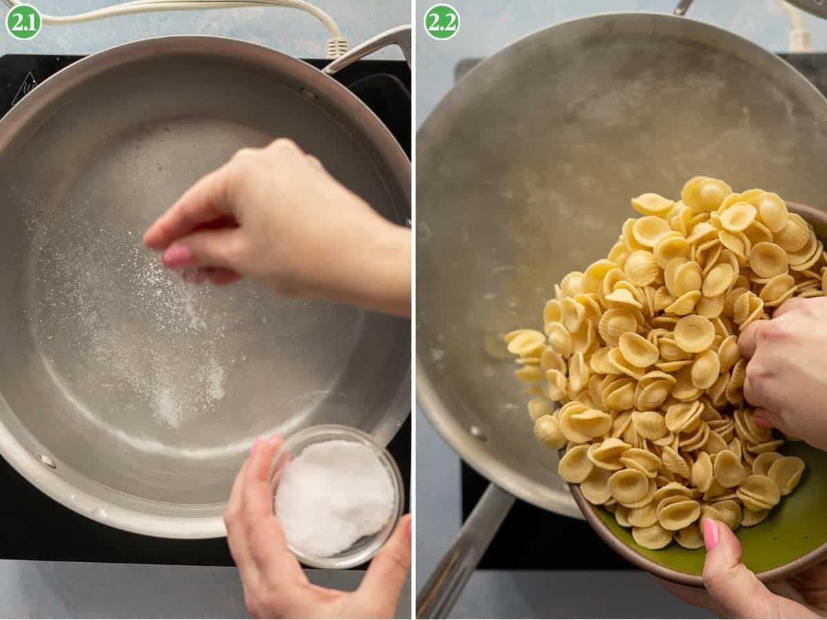 Left: A hand sprinkles salt into a pot of boiling water. Right: A person pours uncooked orecchiette pasta in, the first steps in making delicious broccolini pasta. Both images show essential parts of pasta preparation.