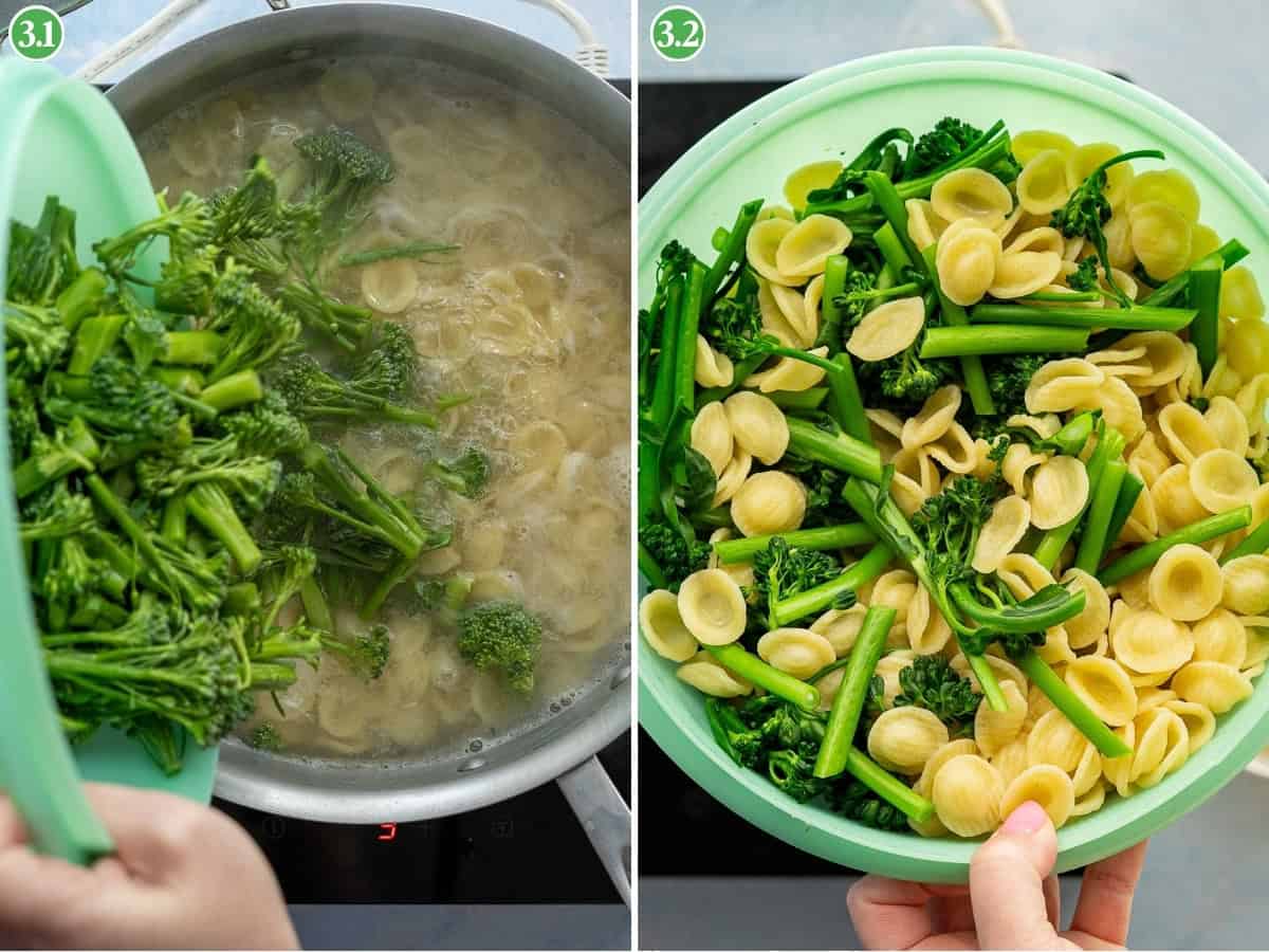 Two-panel image: Left, broccolini is added to boiling broccolini pasta in a pot. Right, cooked pasta and broccolini are drained and arranged on a green plate, ready for the next step.