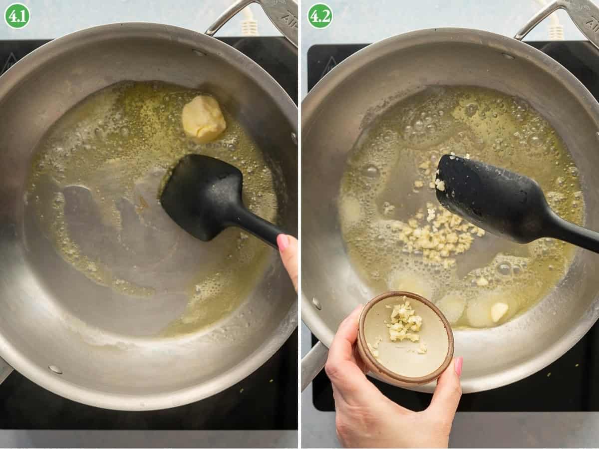 Two-panel image: Left—A hand stirs melting butter with a spatula in a skillet. Right—The hand adds minced garlic from a small bowl to the melted butter, prepping for broccolini pasta, while continuing to stir with the spatula.