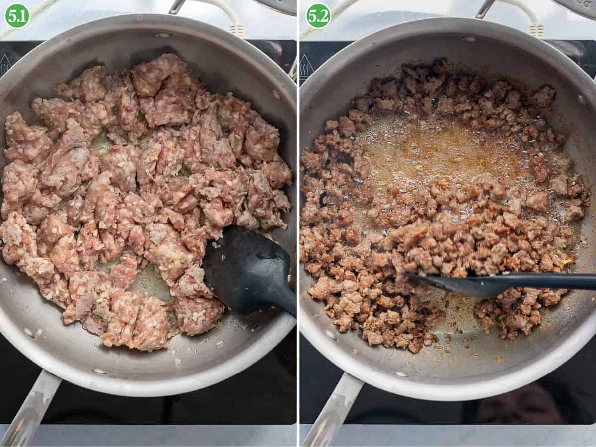 Side-by-side images show ground meat in a skillet. On the left, raw sausage meat is being broken up with a black spatula, perfect for starting a broccolini pasta. On the right, the meat is fully browned and cooked, with some liquid in the pan.