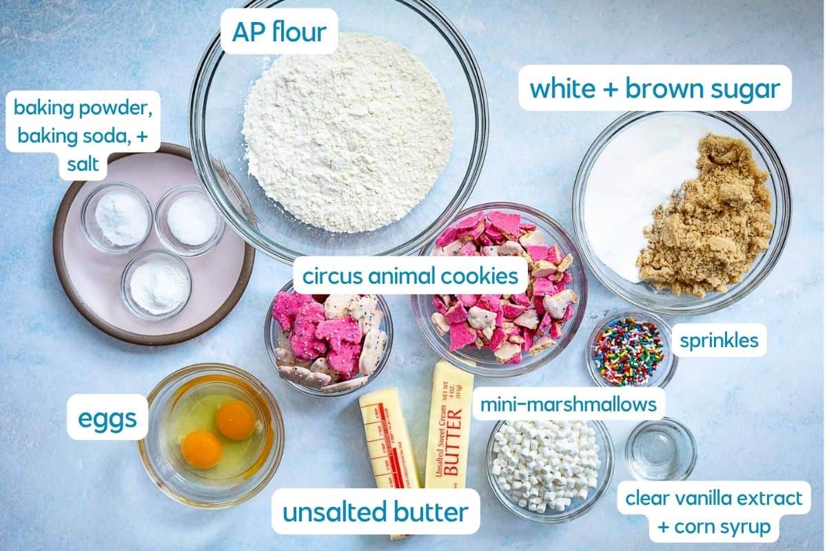 Overhead view of baking ingredients in bowls: AP flour, white and brown sugar, circus animal cookies, baking powder, baking soda, salt, sprinkles, eggs, unsalted butter, mini marshmallows, vanilla extract, and corn syrup.