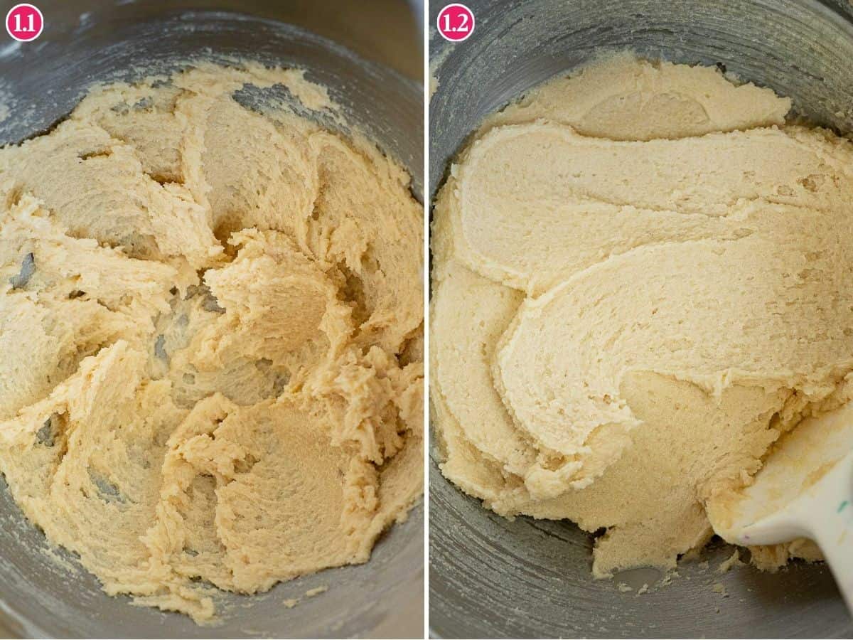 Side-by-side images feature a metal bowl with creamed butter and sugar on the left and a smoother, lighter mixture on the right after circus animal cookies have been mixed in.