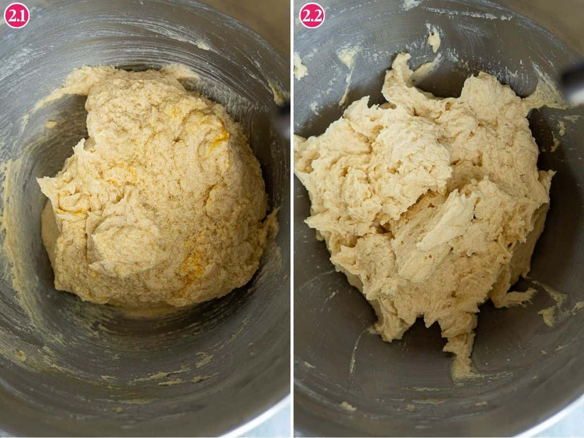 Side-by-side images show dough evolving from rough to creamy in a mixing bowl; the transformation is similar to blending circus animal cookies into the mix. Each image is labeled with numbers in the top corners.