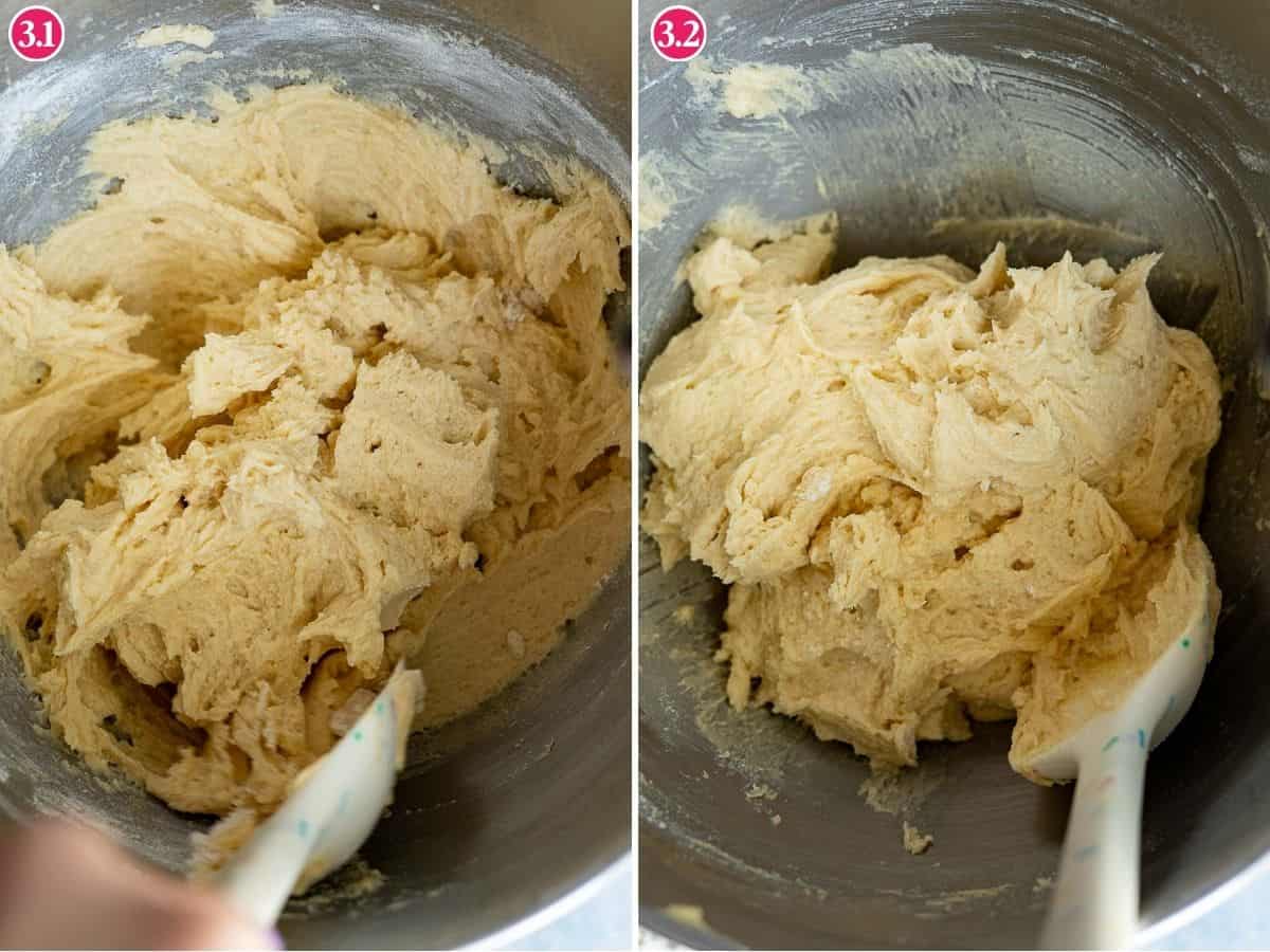 Side-by-side images show a thick, creamy dough being mixed in a metal bowl with a spatula. Both images display the dough from slightly different angles, highlighting its texture—perfect for making circus animal cookies.