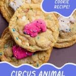 Three cookies topped with pink and white circus animal cookies and colorful sprinkles are stacked on a plate. Text on the image reads, The perfect birthday cookie recipe! Circus animal cookie recipe arecipeforfun.com.