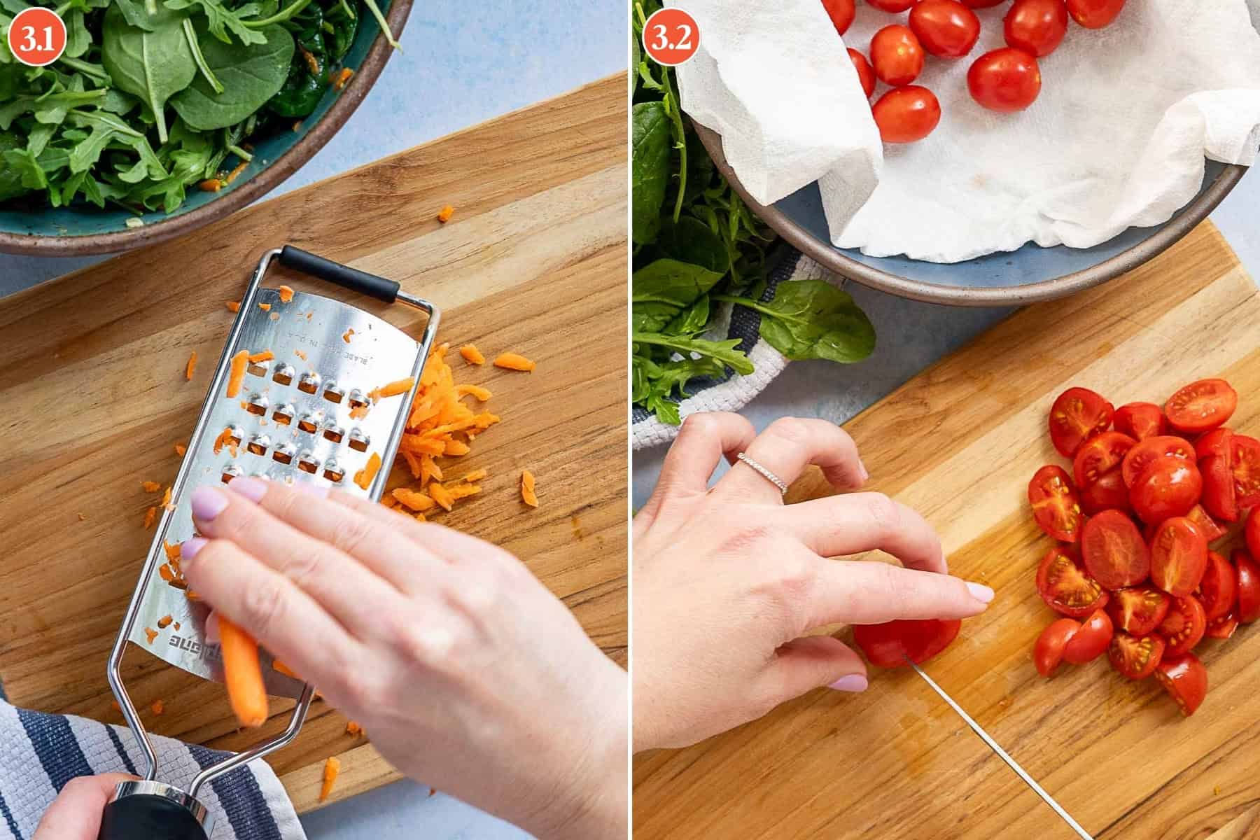 Split image: Left shows a hand grating a carrot over a wooden board; right shows a hand slicing grape tomatoes on a board, with a bowl of greens nearby.