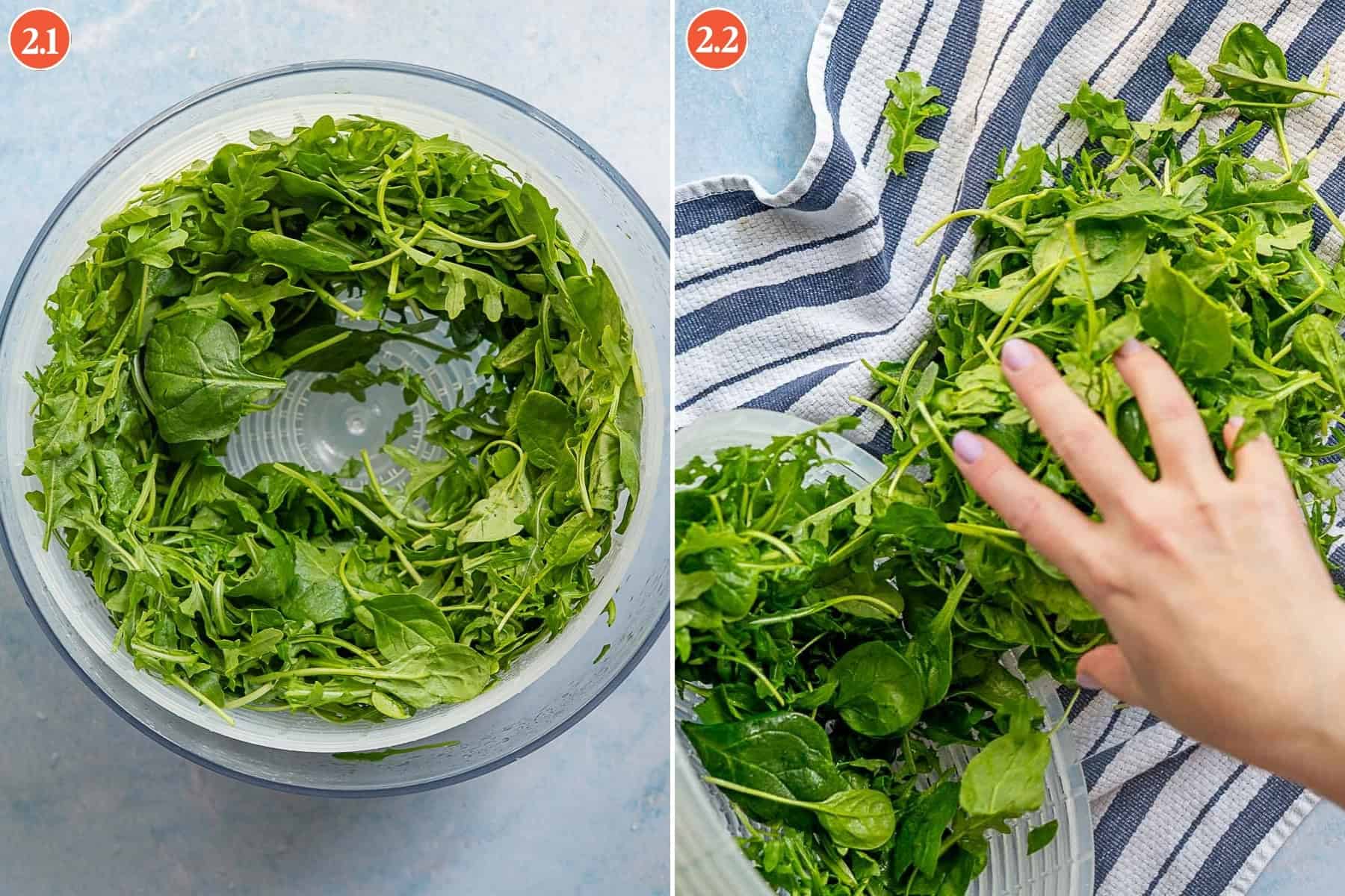 Two side-by-side images: on the left, fresh greens in a salad spinner; on the right, a hand reaches to grab greens from the spinner, placing them on a striped kitchen towel.