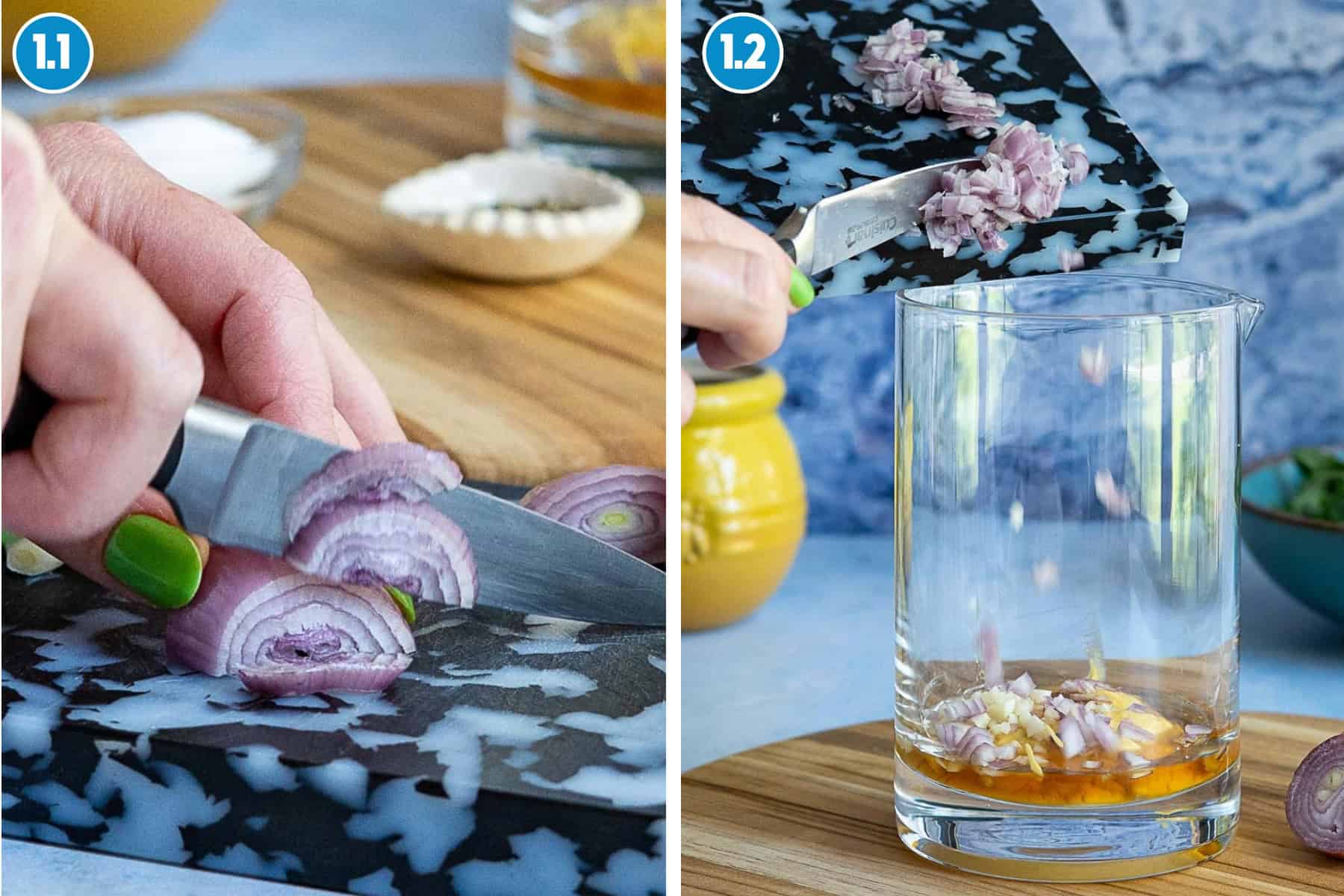 Two images: Left, a hand with green nails finely slices a shallot on a cutting board. Right, the chopped shallot is being scraped from the board into a glass containing liquid.